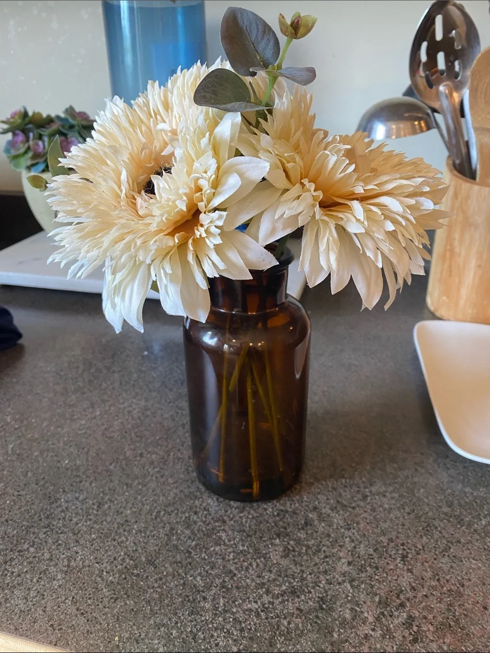 Cream Artificial Bouquet in Amber Glass Vase - Home Accents